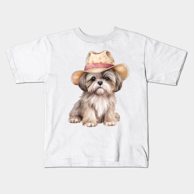 Watercolor Shih Tzu Dog in Straw Hat Kids T-Shirt by Chromatic Fusion Studio